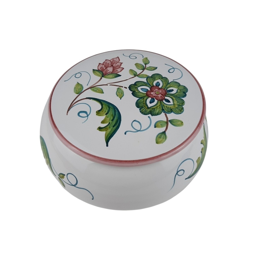 Sberna Deruta Italy Hand Painted Round Ceramic Pottery Trinket Dish w Lid Floral